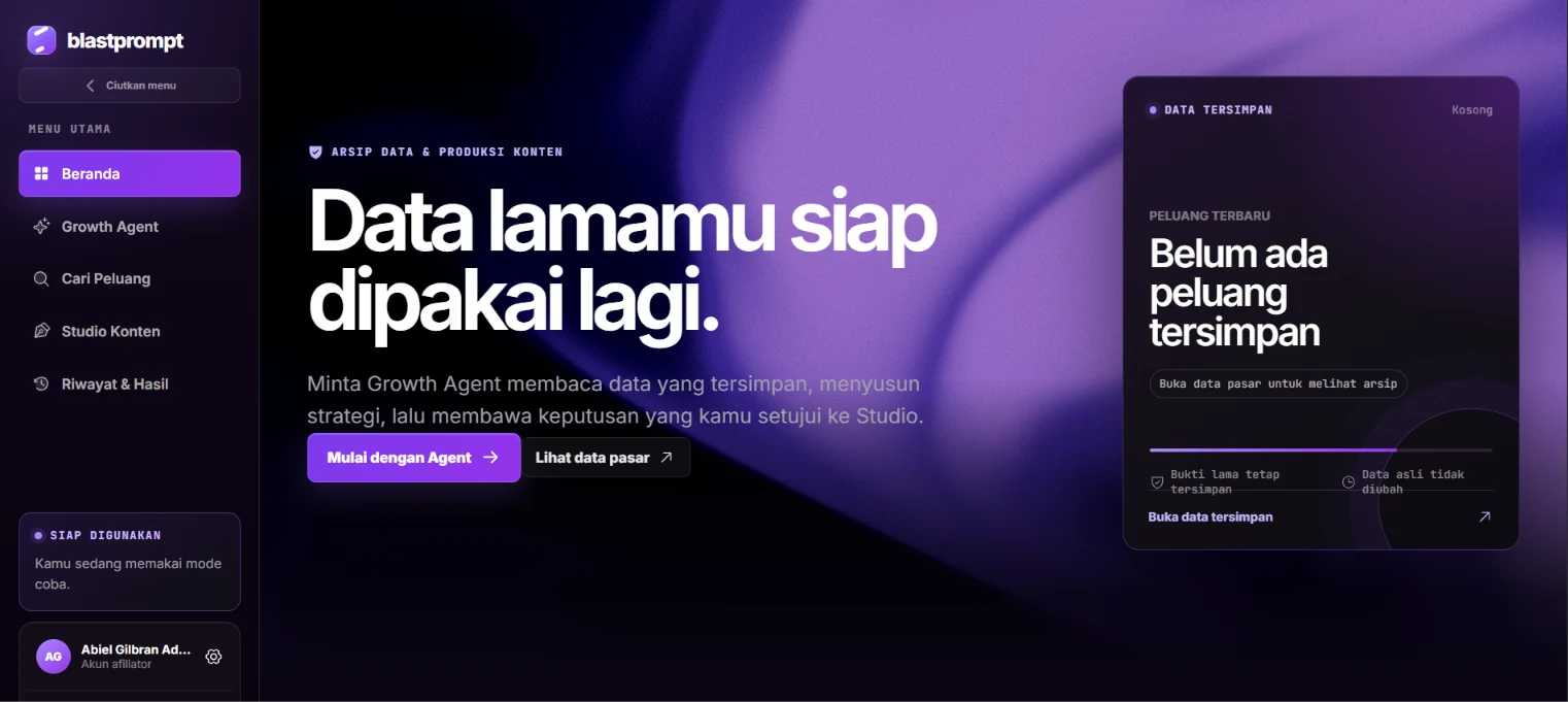 Tampilan BLASTPROMPT dengan Growth Agent, analisis peluang, dan Studio Konten