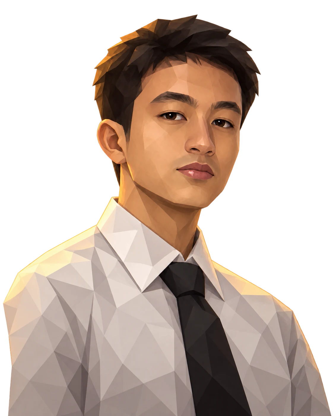 Potret low-poly Abiel Gilbran dengan kemeja putih dan dasi hitam